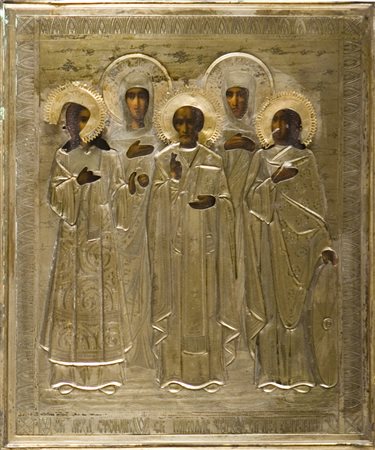 SCUOLA RUSSA DEL XIX SECOLO Cinque santi. Tempera all'uovo su tavola. Cm...