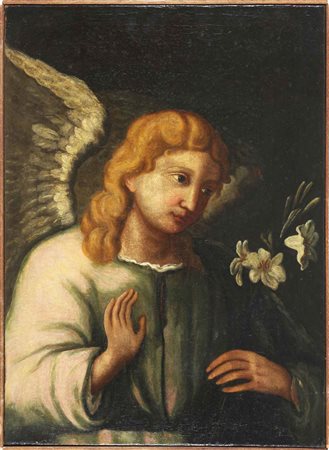 ARTISTA DEL XVII SECOLO. Angelo. Olio su tela. Cm 48,50 x 67,00.
