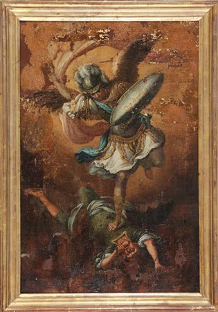 ARTISTA DEL XVII SECOLO. Angelo con scudo. Olio su tela. Cm 48,00 x 72,00. La...