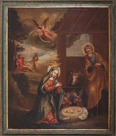 ARTISTA DEL XVIII SECOLO Natività. Olio su tela. Cm 72,00 x 88,00. . Cornice...