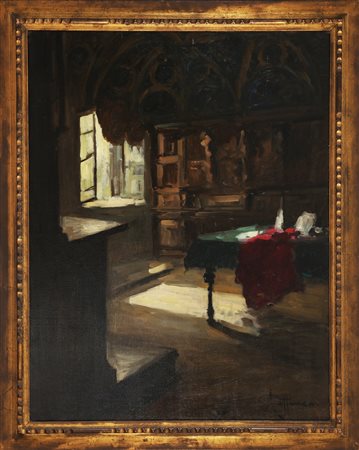 CATTANEO ACHILLE (1872 - 1932) Interno. Olio su tela. Cm 70,00 x 90,00. Firma...