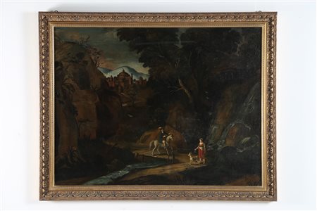 ARTISTA DEL XVIII SECOLO Paesaggio con viandanti e città sullo sfondo. Olio...