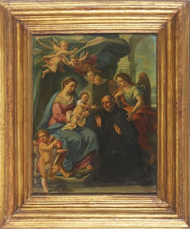 ARTISTA GENOVESE DEL XVII SECOLO Madonna con bambino e angeli. Olio su rame....