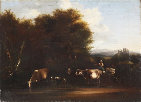 ARTISTA DEL XVIII SECOLO Paesaggio con pastore e gregge. Olio su tela. Cm...