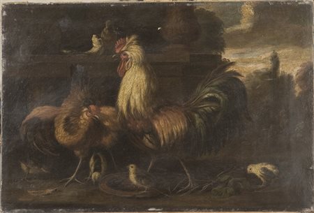 ARTISTA ITALIANO DEL XVIII SECOLO Gallo e gallina nell'aia. Olio su tela. Cm...
