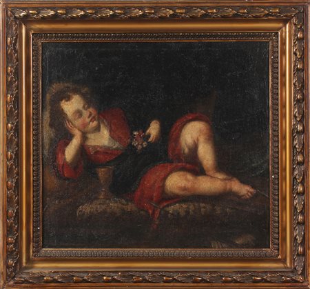 ARTISTA GENOVESE DEL XVII SECOLO Cristo Bambino dormiente. Olio su tela . Cm...