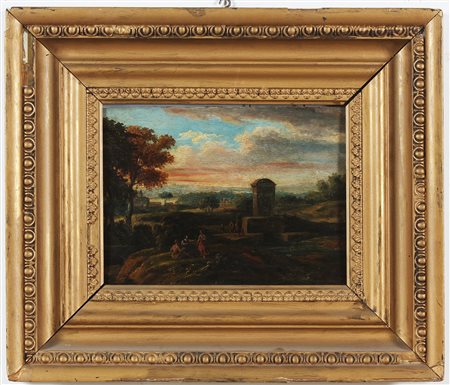 ARTISTA ROMANO DEL XVIII SECOLO Paesaggio e personaggi. Olio su tavola. Cm...