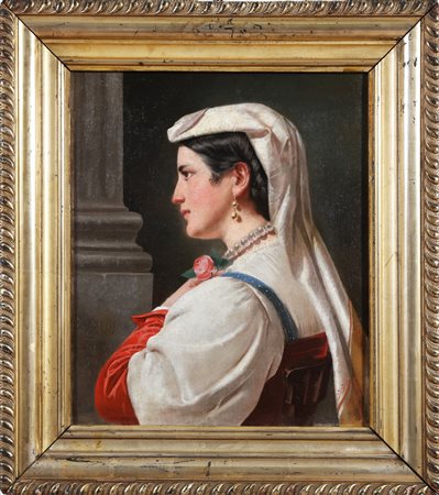 PRATI EUGENIO (1842 - 1907) Ritratto femminile di profilo. 1870. Olio su...