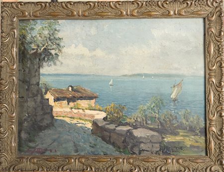 TOGNI EDOARDO (1884 - 1962) Paesaggio con lago, barche e casa sulla sinistra....