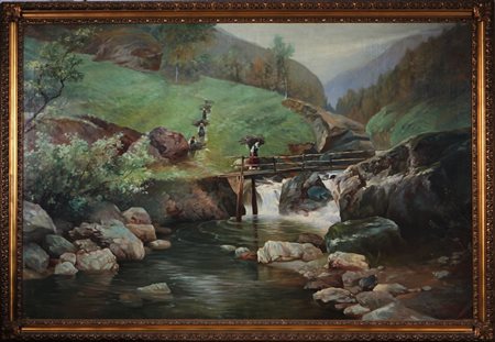 ARTISTA DEL XIX SECOLO Torrente con cascate e contadini.,. Olio su tela . Cm...