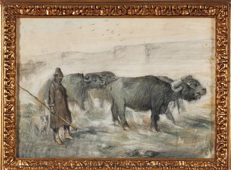 RAGGIO GIUSEPPE (1823 - 1916) Bufale e mandriano. Tecnica mista su carta. Cm...