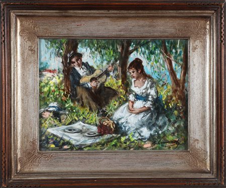 ARTISTA DELLA FINE DEL XIX SECOLO Colazione nel bosco. Olio su tavola. Cm...