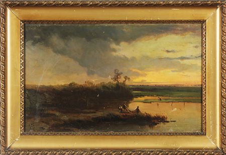 ARTISTA DELLA FINE DEL XIX SECOLO Paesaggio lacustre. Olio su tela . Cm 70,00...