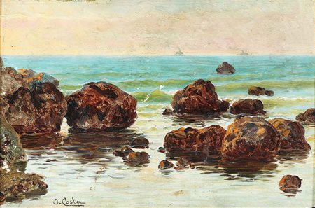 COSTA ORESTE (1851 - 1919) Scogli. Olio su tavola. Cm 20,00 x 13,00. Firma in...