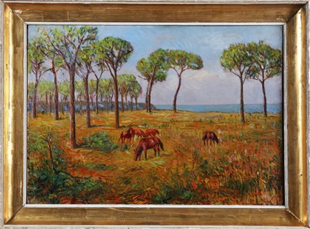 MALESCI GIOVANNI (1884 - 1969) Pineta. 1946. Olio su tavola. Cm 70,00 x...