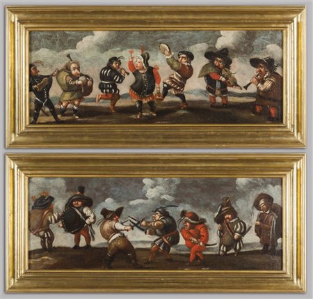 Scuola fiorentina sec.XVII "Feste di nani" coppia di oliicm. 71x27