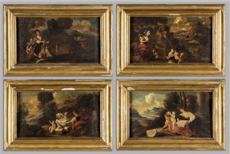 Scuola genovese sec.XVII "Allegoria delle arti" quattro olii, cornici coeve a...