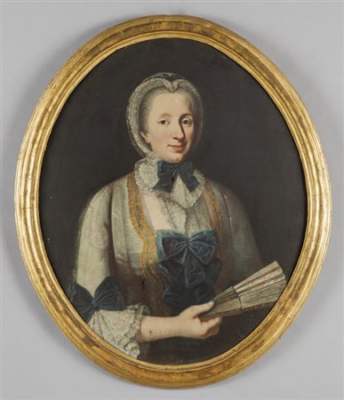Scuola piemontese II metà sec.XVIII "Donna con ventaglio" olio di forma...