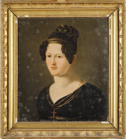 "Ragazza con abito Impero di colore scuro" olio inizio sec. XIX, cornice...