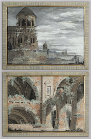 Scuola Italia Settentrionale sec.XVII "Veduta sul mare" e "Veduta di una...