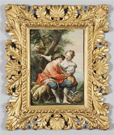 Scuola veneta sec.XVIII "Idillio campestre" olio su tavola, cornice in legno...