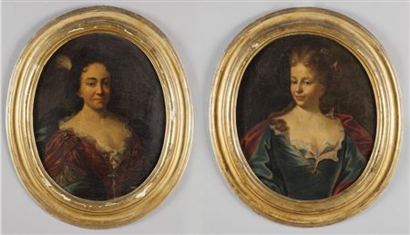 Scuola genovese sec.XVIII "Giovani dame" coppia di olii su tela di forma...