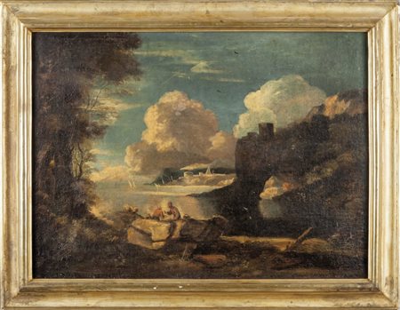 Scuola genovese sec.XVII "Veduta costiera con castello e due pescatori in...