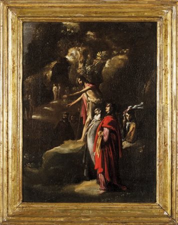 Scuola bolognese inizi sec.XVII "La predica del Battista" olioetichetta sul...