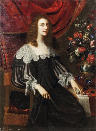 Scuola toscana sec.XVII "Ritratto di gentildonna seduta con spartito musicale...
