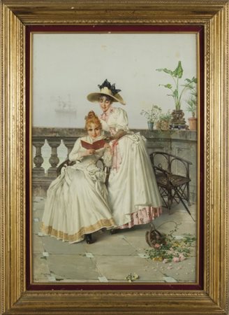 VITTORIO MATTEO CORCOS (1859-1933) Due ragazze sul terrazzoolio cm. 73x103...