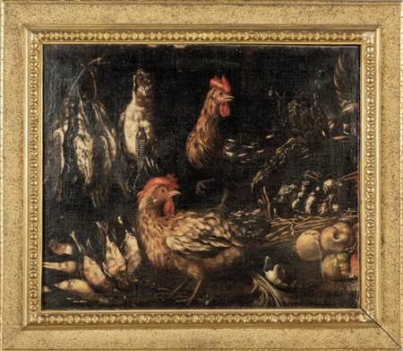 Scuola toscana fine sec.XVII "Galli e cacciagione" oliocm. 79x66