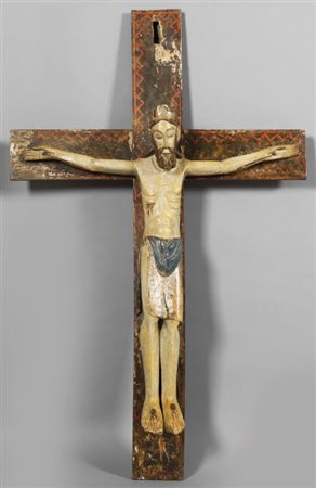 Cristo in Croce, antica scultura in legno intagliato, dorato e laccato in...