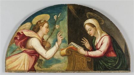 Scuola veneta sec.XVII "Annunciazione" olio su tavola di forma cuspidatacm....