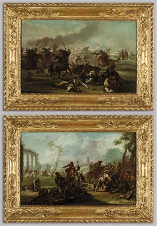 "Battaglie" coppia di olii, inizi sec.XVIIIcm. 48x31