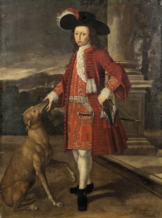 Scuola inglese sec.XVIII "Riratto di gentiluomo con cane"cm. 162x120