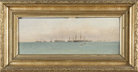 AGOSTINO FOSSATI (1830-1904) Navi da guerraolio in tavoletta cm.66x24f.to in...