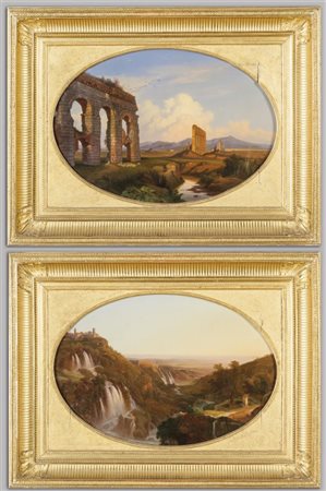 "Vedute di Tivoli" coppia di olii di forma ovale, cornici in legno intagliato...