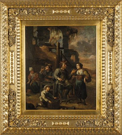 Scuola fiamminga sec.XVII "Il calzolaio" olio cm. 48x39,5nel retro etichette...