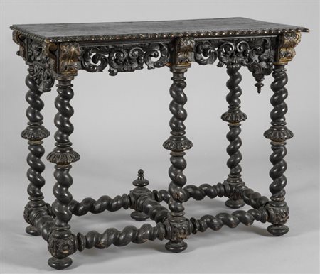 Console Luigi XIII, gambe a tortiglione unite da traverse in legno ebanizzato...