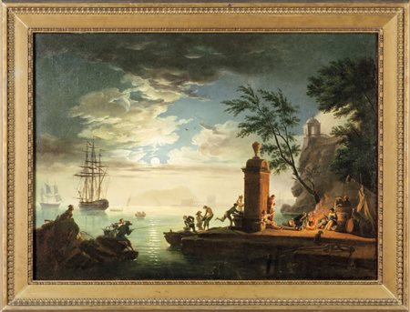 CLAUDE JOSEPH VERNET (1714-1789) "Paesaggio portuale con figure e vascelli al...