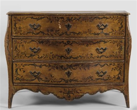 Comò Luigi XIV dipinto in policromia a fiori su fondo chiaro, Genova, I metà...