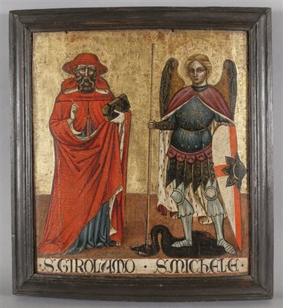 "San Gerolamo e San Michele" dipinto a fondo oro, Toscana fine sec.XIVcm. 40x46