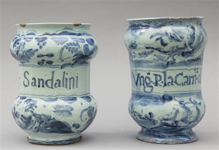 Albarello in ceramica, decorazione bianca e blu con putti, marca Stemma,...