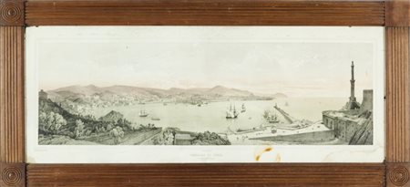 "Veduta di Genova" litografia a colori, sec. XIX (macchie e mancanze)cm. 95x35