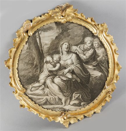 "Sacra Famiglia con San Giovannino" antica stampa, cornice in legno...