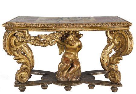 Console barocca in legno intagliato e dorato, gambe a volute con putto...