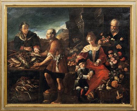 LOMBARDI GIOVANNI DOMENICO (1682-1751) Scene di mercatoTele a pendant, 200 x...
