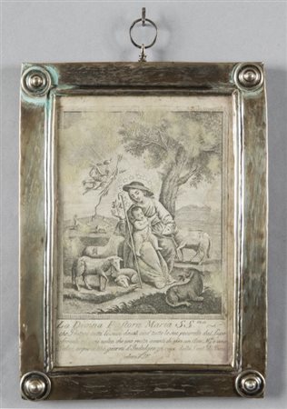 "La Divina Pastora" antica stampa con cornice in argento sec.XIXcm.tot. 17x24