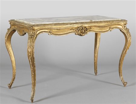 Tavolo da centro in legno intagliato e dorato, piano in marmo, sec. XIX...