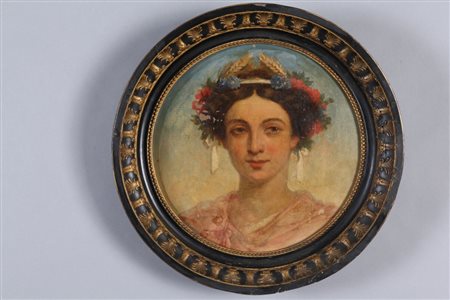 Scuola italiana sec.XIX "Ritratti di fanciulle con corone di fiori" coppia di...